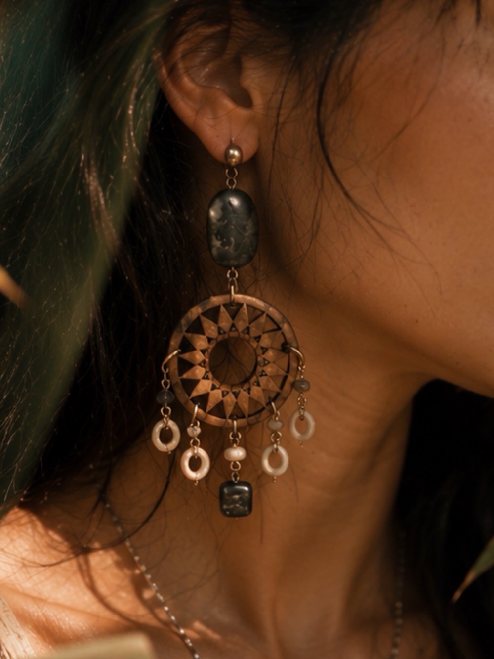 Bohemian Wood & Stone Statement Earrings - Picture 2 of 12